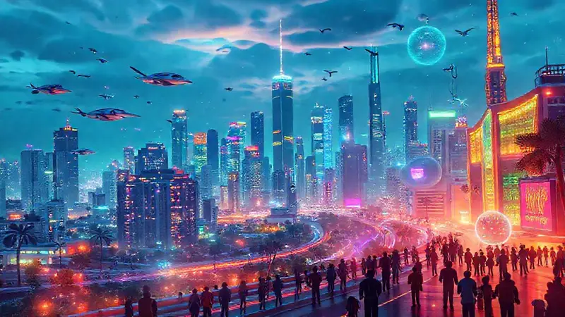 Ciudad futurista con innovación y colaboración diversa