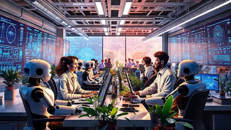 Oficina futurista con humanos y robots colaborando