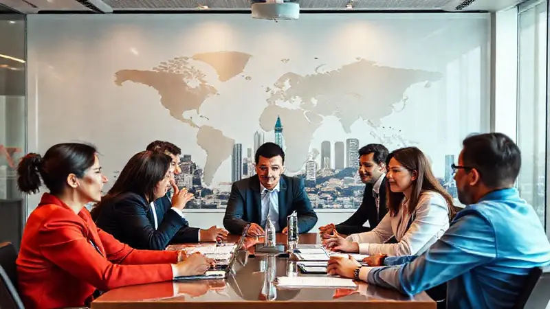 Reunión global con profesionales colaborando en equipo