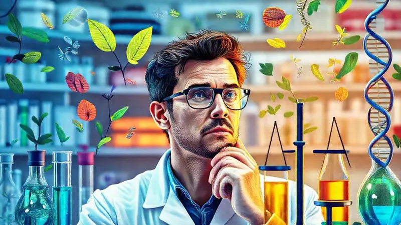 Científico equilibrando ciencia y naturaleza en laboratorio