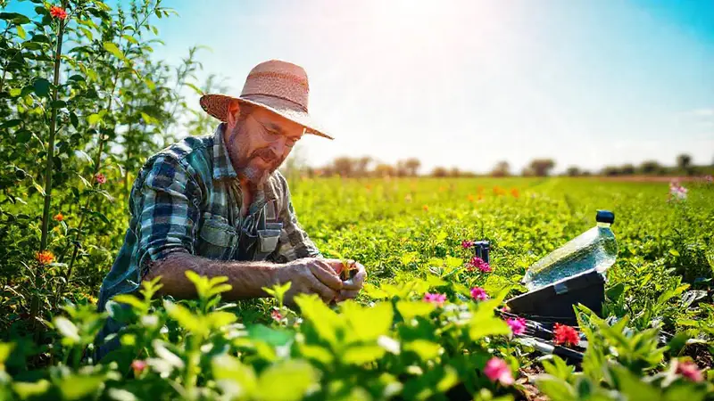 Agricultor innovador en campo sostenible y fértil