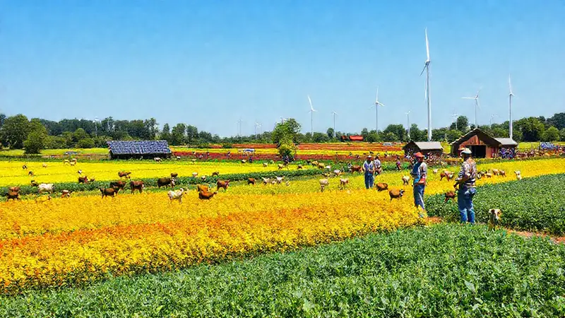 Campo vibrante y sostenible con comunidad agrícola