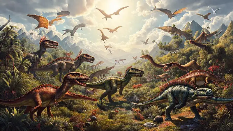 Dinosaurios variados en hábitats vibrantes y adaptados