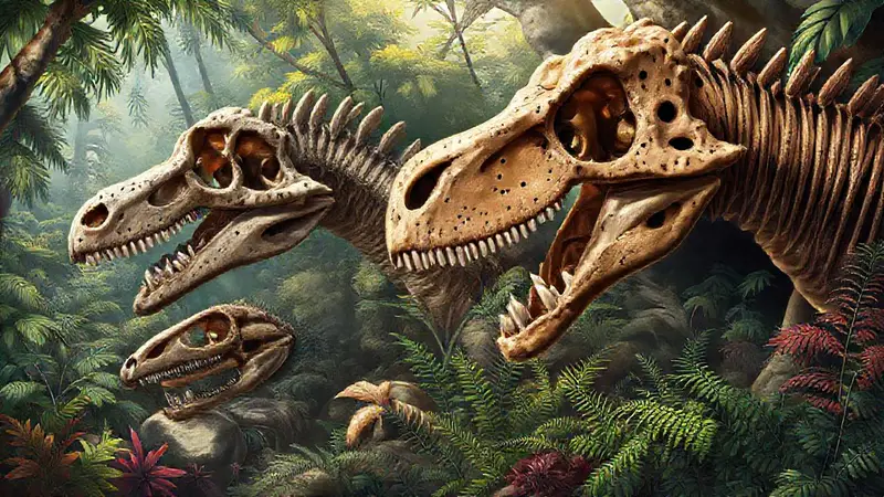 Cráneos de dinosaurios en entorno prehistórico variado
