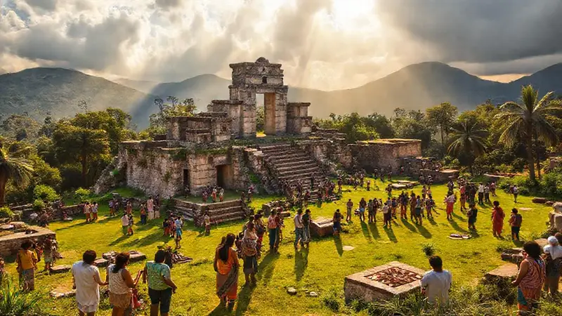 Ruinas antiguas con gente explorando artefactos