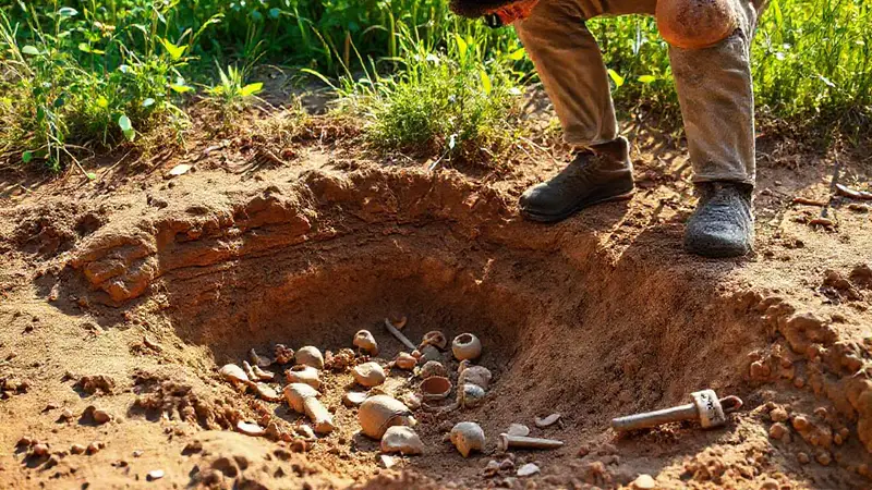 Excavación arqueológica con fragmentos de cerámica