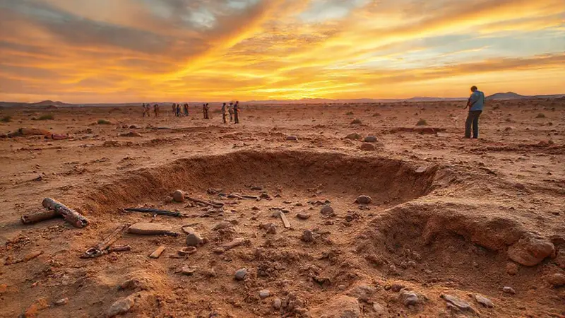 Sitio arqueológico en el desierto al atardecer