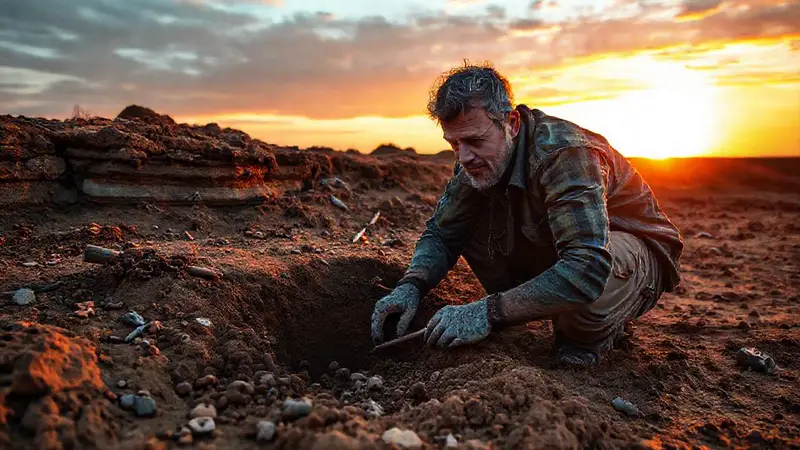 Arqueólogo descubre artefactos antiguos al atardecer