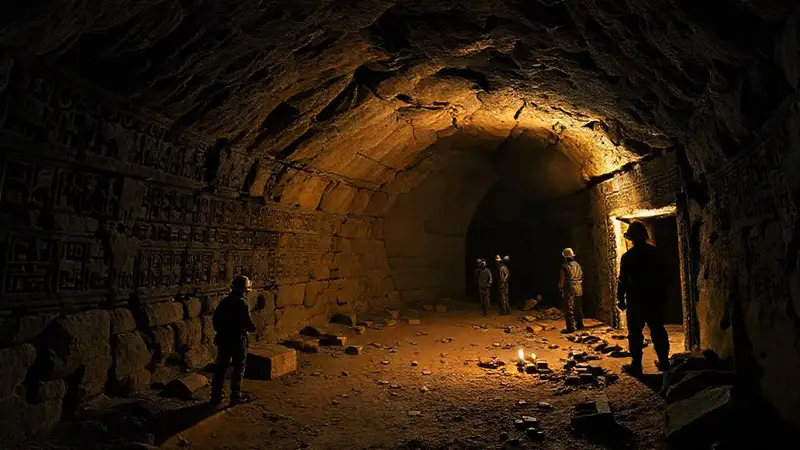 Túnel antiguo con arqueólogos y misteriosos artefactos