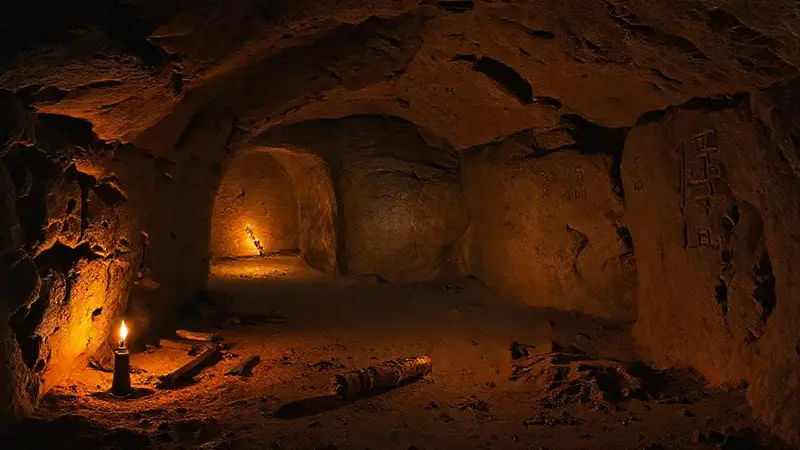 Túnel antiguo con jeroglíficos y artefacto misterioso