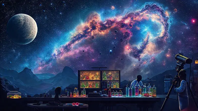 Noche estrellada y exploración científica alienígena