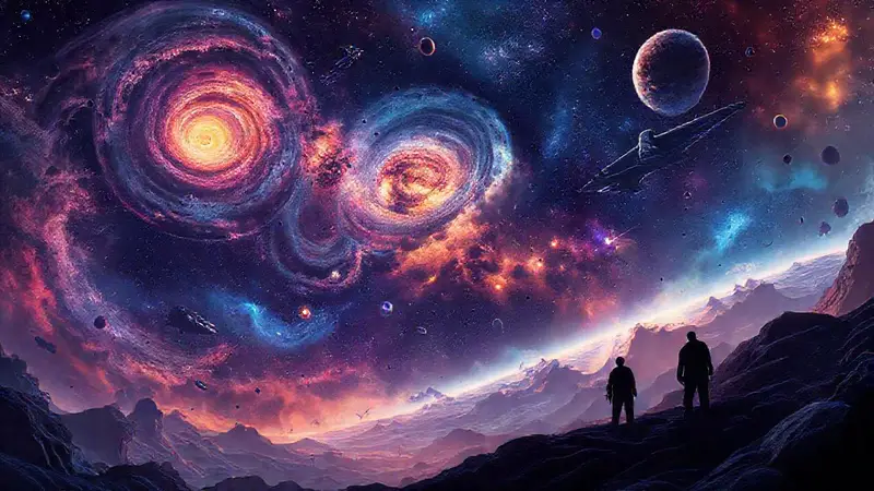 Paisaje cósmico vibrante con galaxias y naves