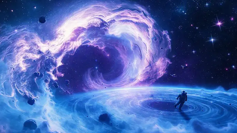 Escena cósmica asombrosa con nebulae y astronautas
