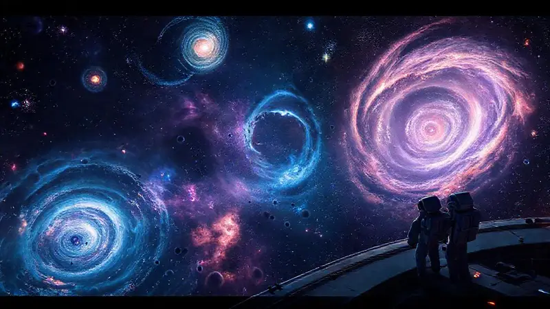 Galaxias brillantes y astronautas en el espacio