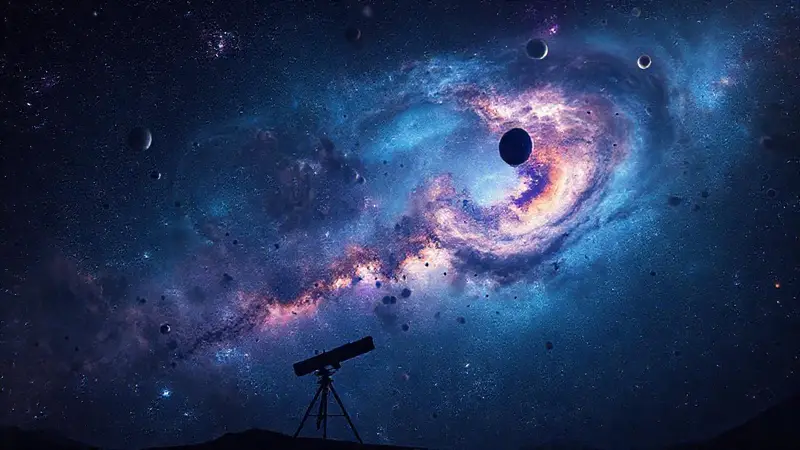 Cielo estrellado y telescopio en calma