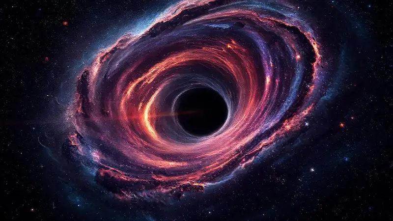 Agujero negro rodeado de coloridas estrellas