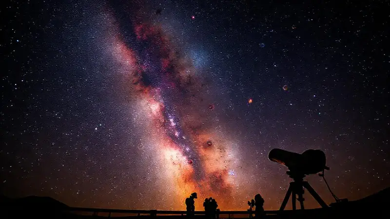 Cielo estrellado y astrónomos explorando el espacio