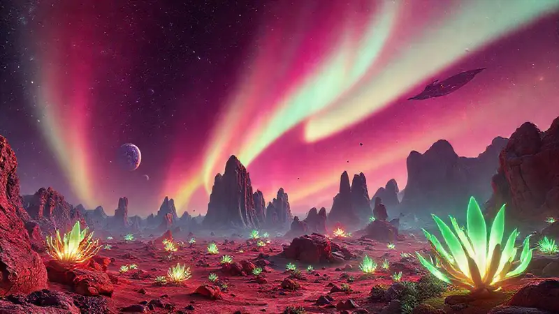 Aurora boreal en un paisaje alienígena