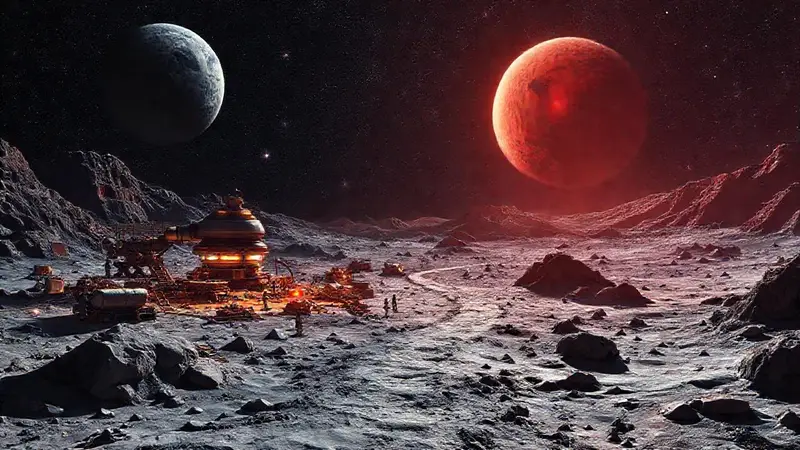 Base espacial futurista en paisaje lunar