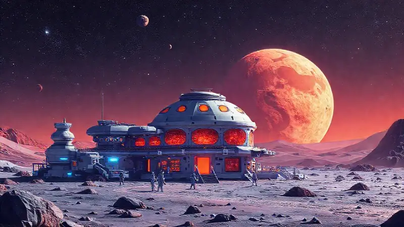 Base lunar futurista bajo un cielo estrellado