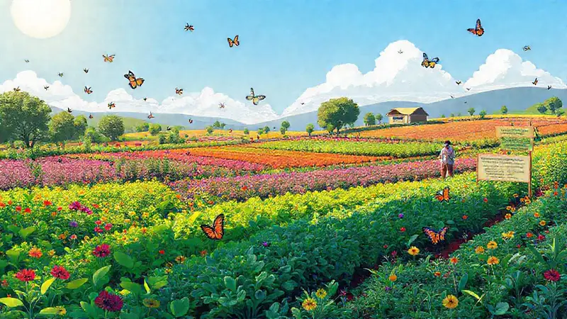 Granja vibrante con cultivos y biodiversidad