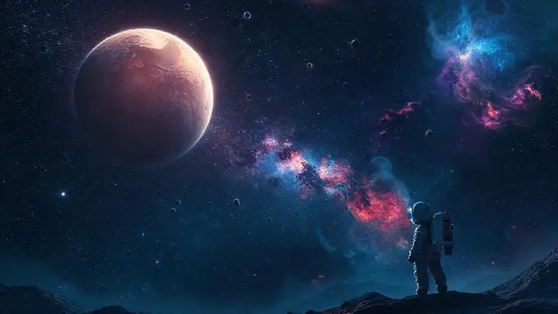 Un astronauta observa un planeta distante y brillante