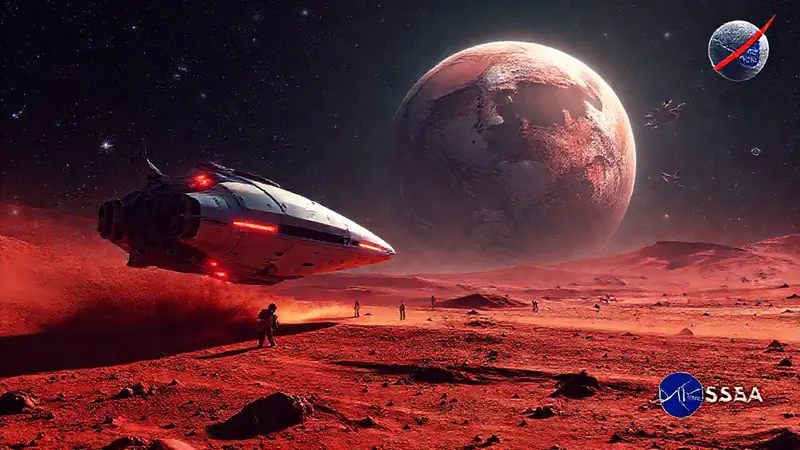 Nave futurista aterriza en Marte con astronautas