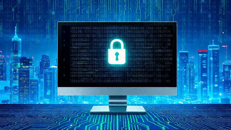 Pantalla de computadora con temas de ciberseguridad