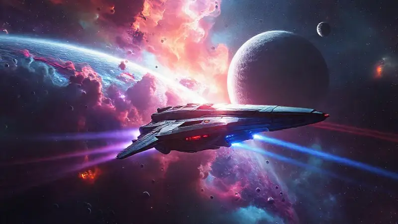 Nave espacial futurista explorando una nebulosa