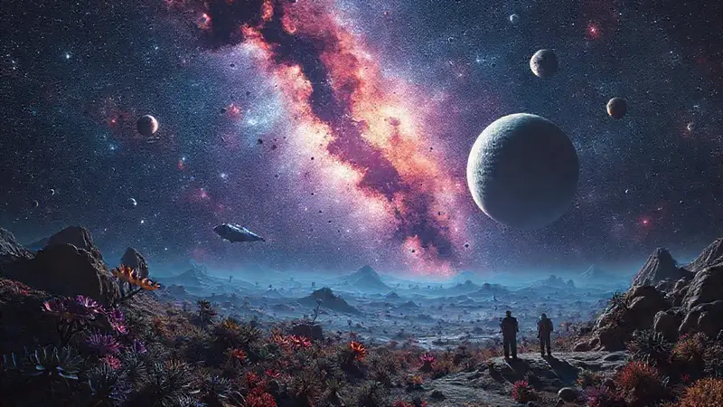 Cielo estrellado con naves y paisajes alienígenas