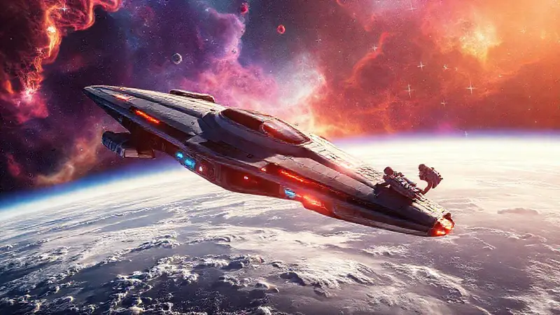 Nave espacial futurista explora un vibrante universo