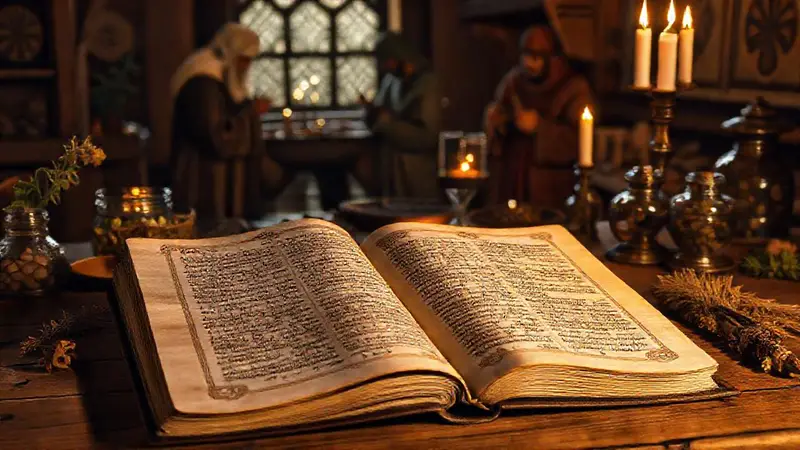 Manuscrito antiguo iluminado en ambiente medieval