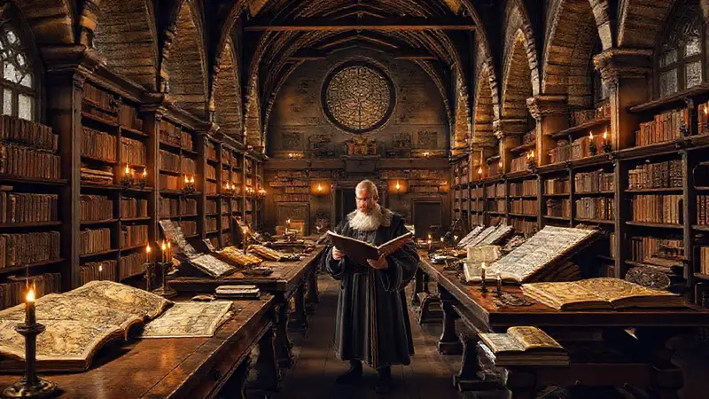 Estudioso medieval surrounded by knowledge y fe