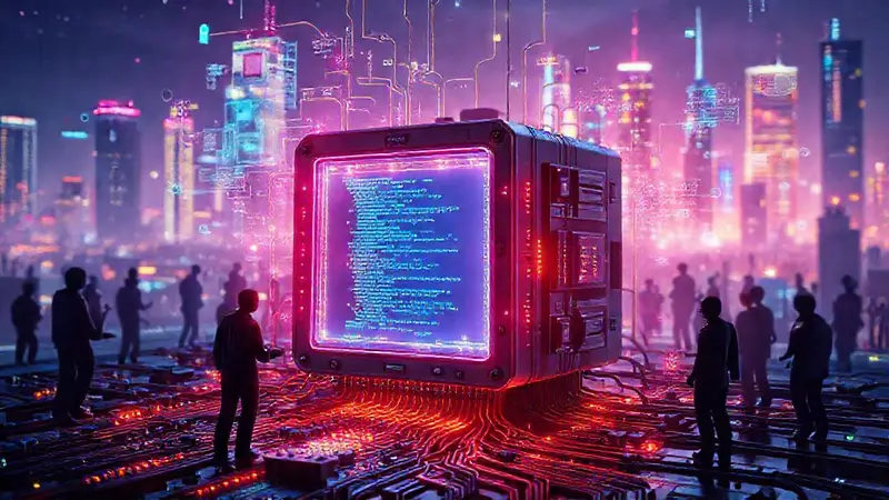 Microcomputadora futurista en un entorno tecnológico