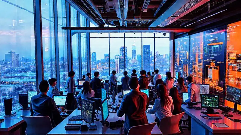 Oficina futurista con profesionales colaborando y tecnología