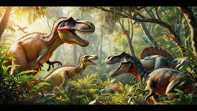 Dinosaurios comunican en una jungla vibrante