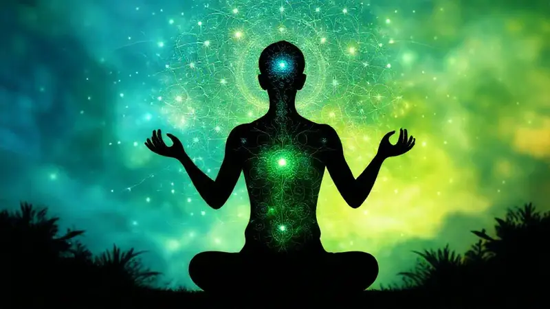 Silueta meditando con energía vibrante y calma