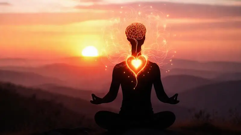 Silueta meditando con energía vibrante y armonía