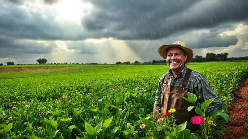 Campos verdes y flores en un paisaje agrícola