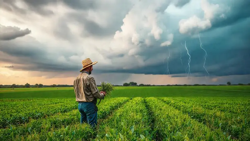 El agricultor examina cultivos ante un tormenta