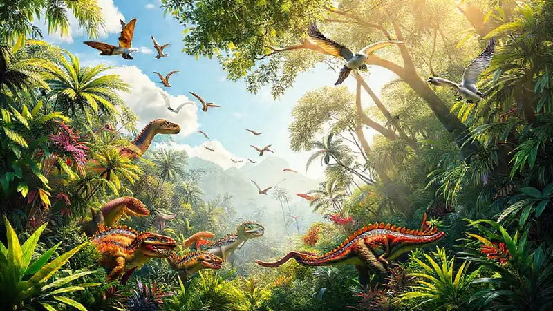 Jungla prehistórica con dinosaurios y aves modernas