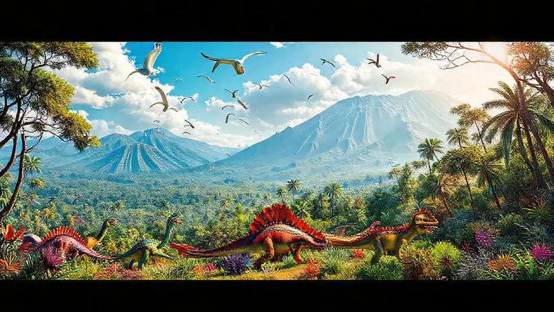 Dinosaurios y paisaje prehistórico lleno de vida