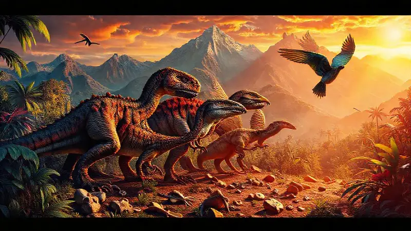Dinosaurios y aves evolucionan en paisajes vibrantes