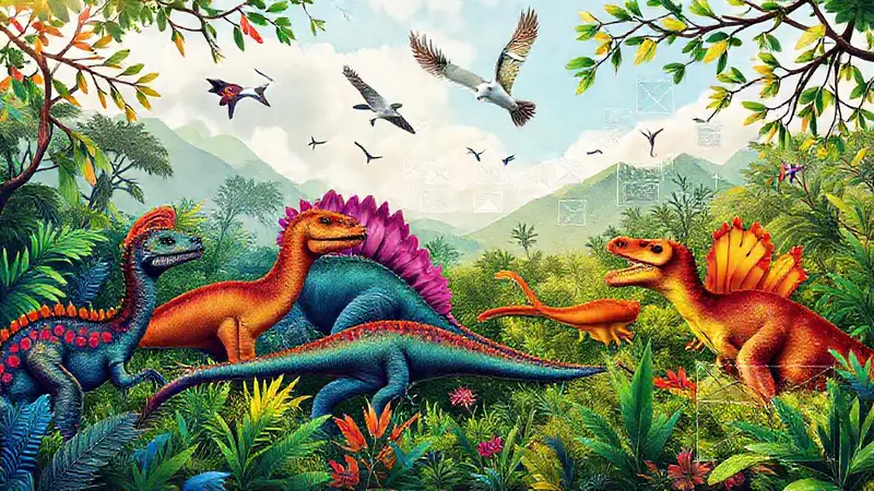 Dinosaurs coloridos en un paisaje prehistórico vibrante