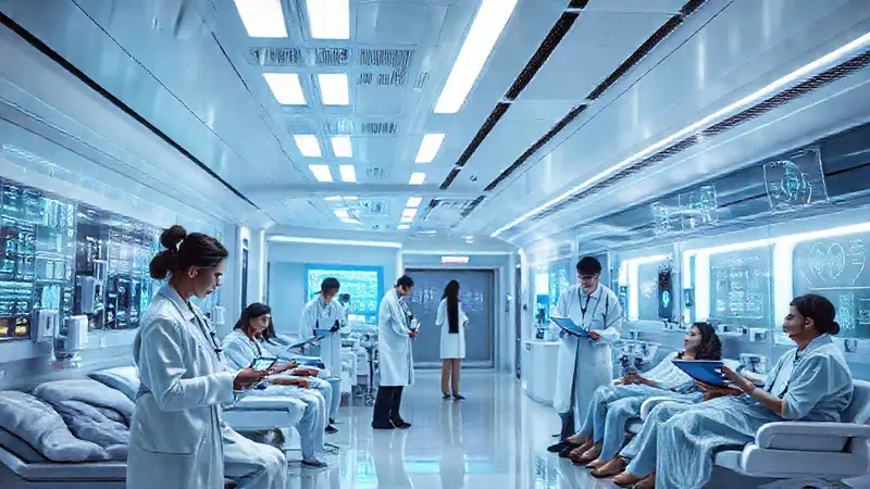 Hospital futurista con tecnología avanzada y pacientes