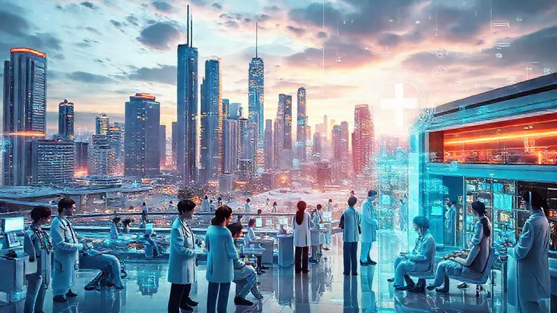 Ciudad futurista con tecnología médica avanzada