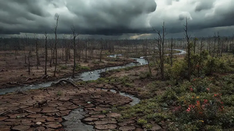 Paisaje devastado con fauna y flora en lucha