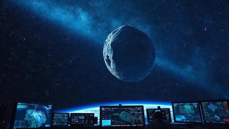 Cielo estrellado y asteroide se acercan a la Tierra