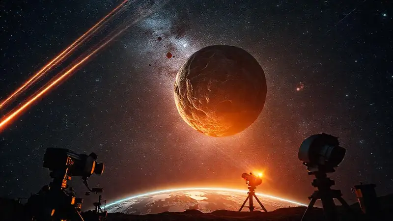 Cielo estrellado con asteroide y urgencia científica