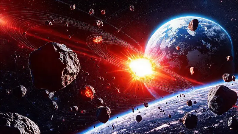 Asteroides en el espacio con fondo terrestre